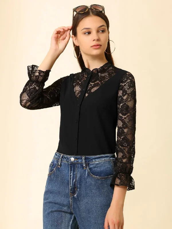 Lace Panel Floral Ruffle Work Office Button Up Shirt