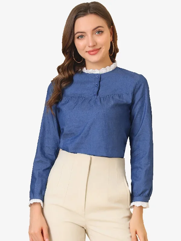 Denim Blouse Lace Frill Neck Puff Long Sleeve Chambray Shirt Top