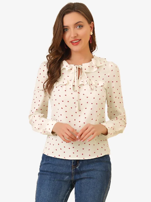 Tie Ruffle Neck Vintage Long Sleeve Heart Print Blouse