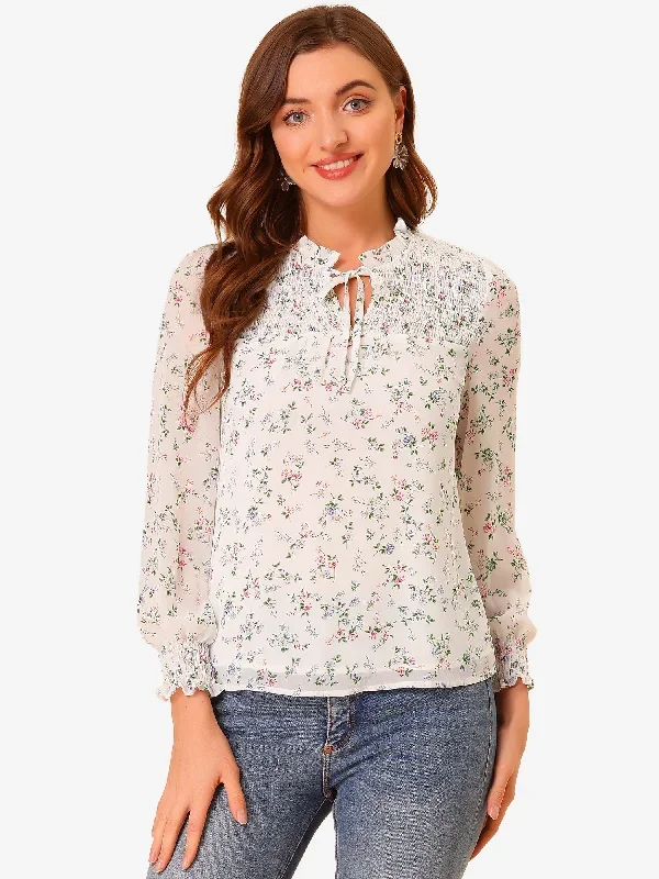 Ruffled Long Sleeve Pleated Front Floral Blouse Top