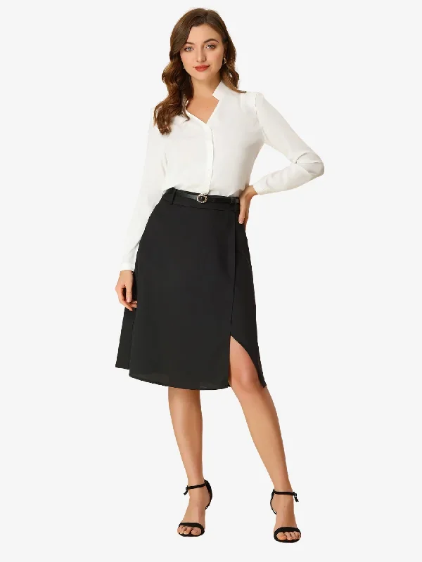 Office Work Split Side A-Line Belt High Waist Skirt