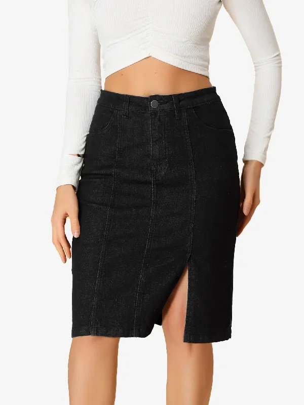 Denim High Waist Stretch Side Slit Pencil Jean Pockets Skirts