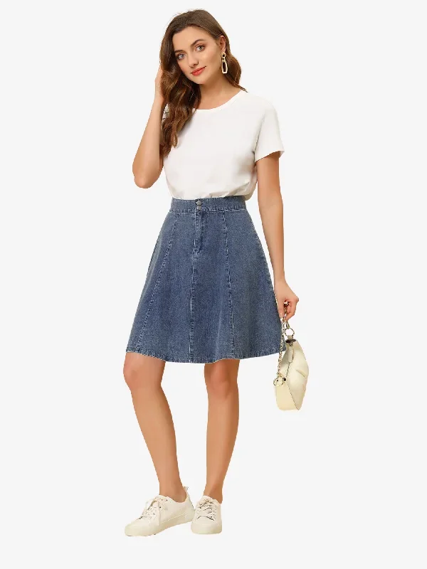 High Waisted A-Line Flared Casual Denim Midi Skirt