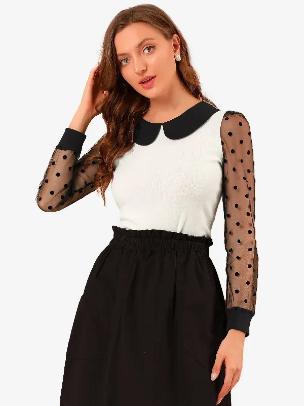 Peter Pan Collar Contrast Color Mesh Sheer Dot Long Sleeve Blouse