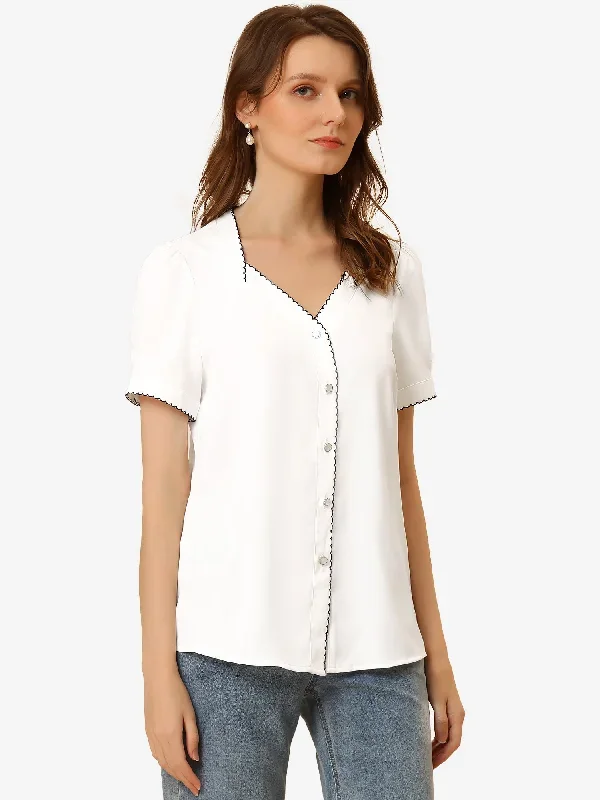 Casual Sweetheart Neck Button Front Contrast Trim Chiffon Blouse