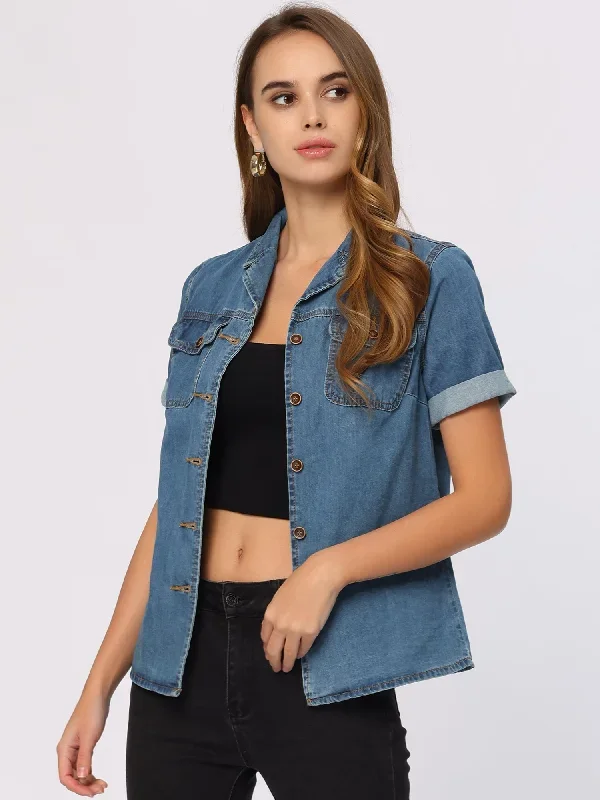 Button Up Collared Short Sleeve Pocket Classic Denim Shirt