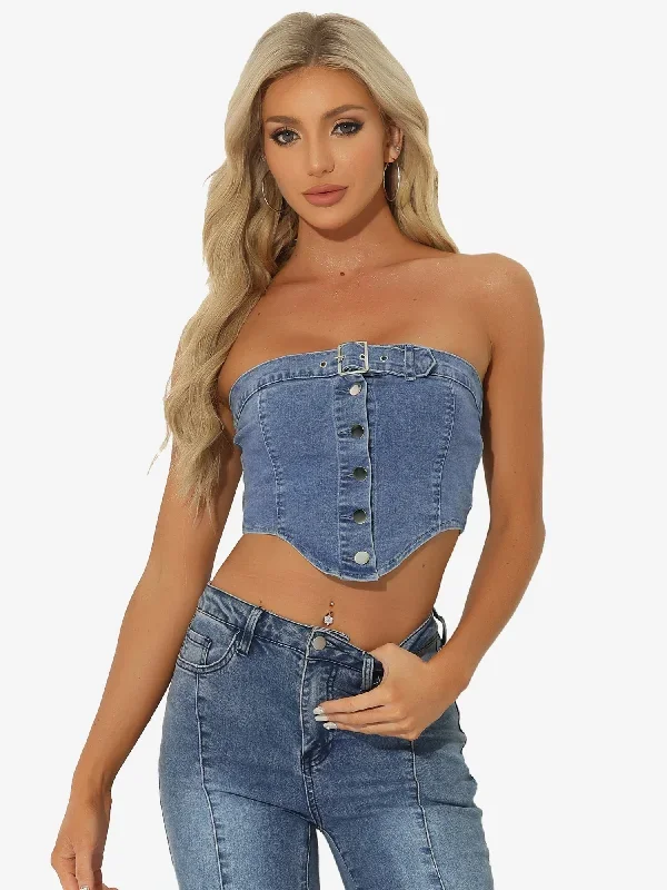 Denim Crop Tube Strapless Sleeveless Button Sexy Corset Top