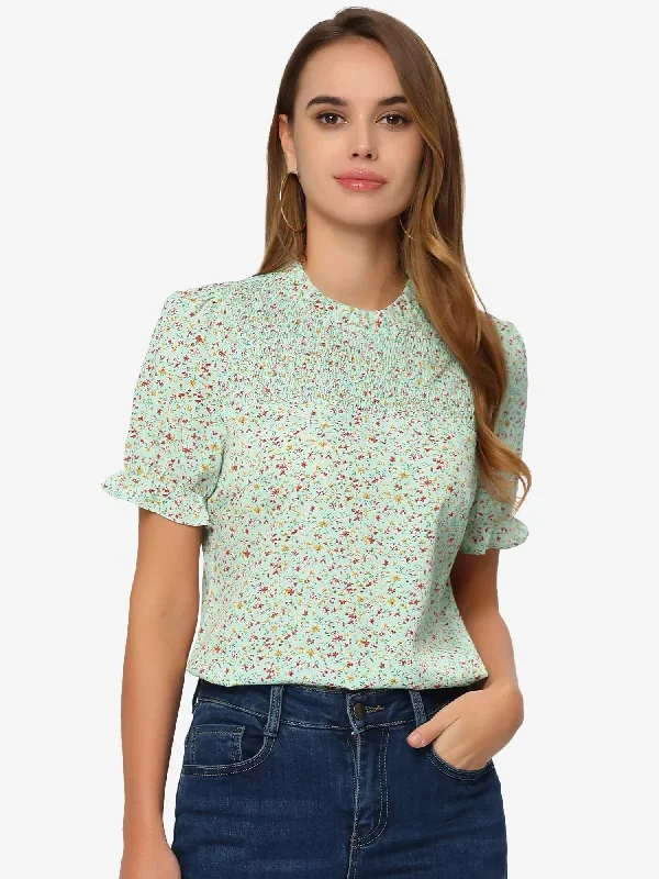 Floral Print Ruffled Mock Neck Short Sleeve Smocked Front Blouse