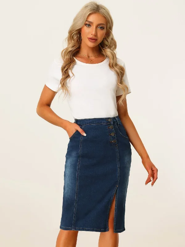 Denim Button Decor Side Slit Slash Pocket Knee Length Skirt