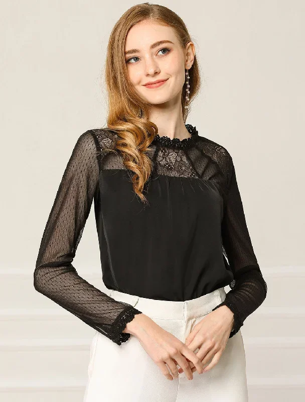 Lace Mesh Long Sleeve Top Round Neck Casual Elegant Blouse