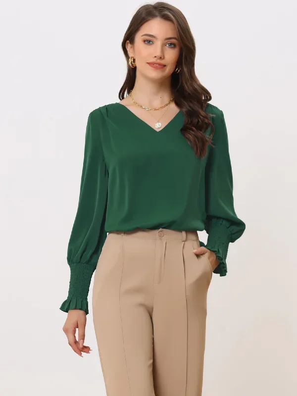 V Neck Shirred Bell Long Sleeve Casual Office Blouse