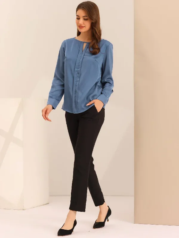 Satin Keyhole V Neck Long Sleeve Elegant Work Office Blouse