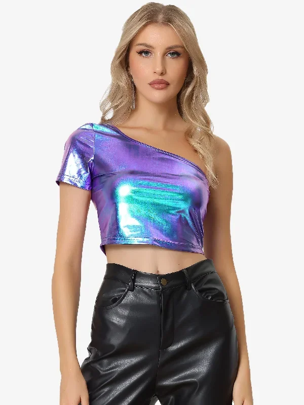 One Shoulder Shinny Holographic Clubwear Party Metallic Crop Top