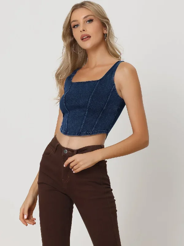 Women's Denim Sleeveless Top Square Neck Cropped Stretch Tank Top