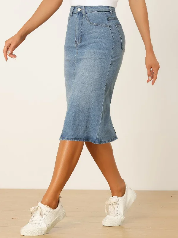 Casual Denim High Waist Stretchy Midi Jean Skirt