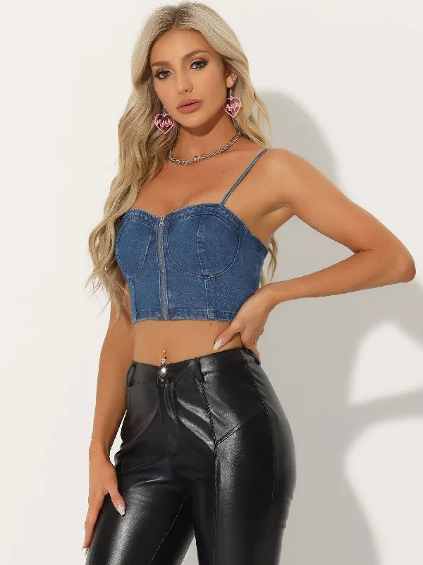 Spaghetti Strap Sleeveless Zip Up Bustier Denim Crop Top