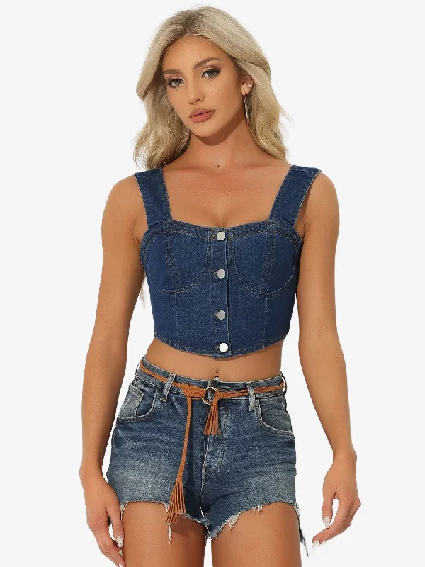 Button Down Sleeveless Bustier Jean Cropped Denim Corset Tops