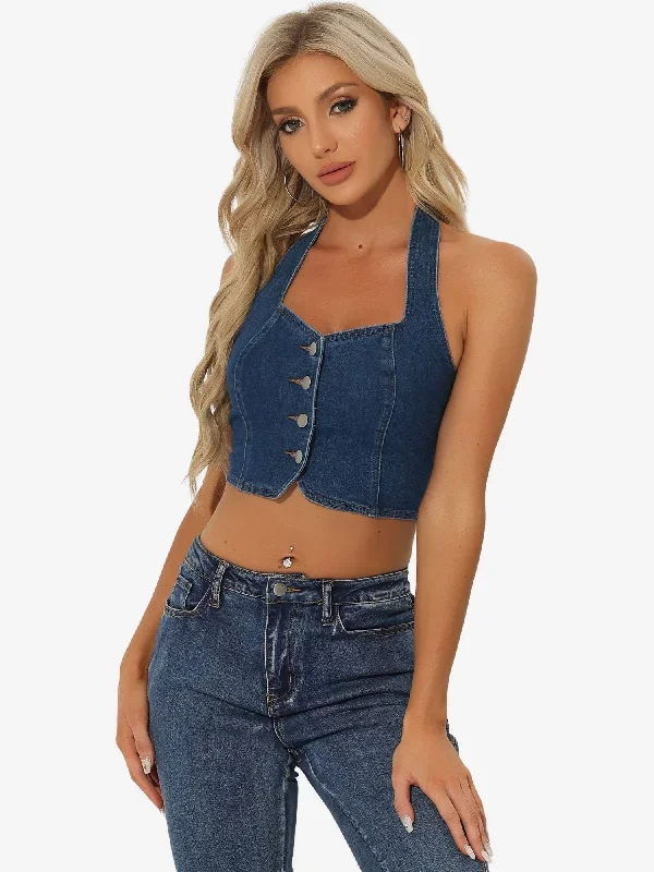 Denim Crop Sleeveless Button Front Halter Tank Top