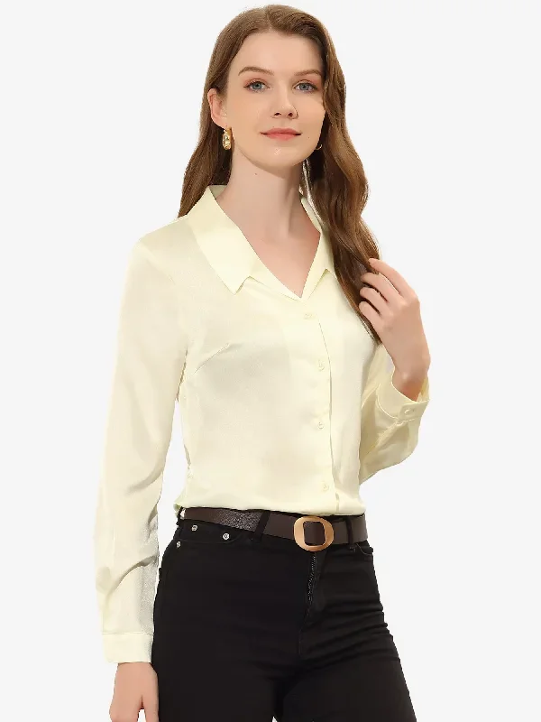 Satin Blouse Button Down Work Office Long Sleeve Top