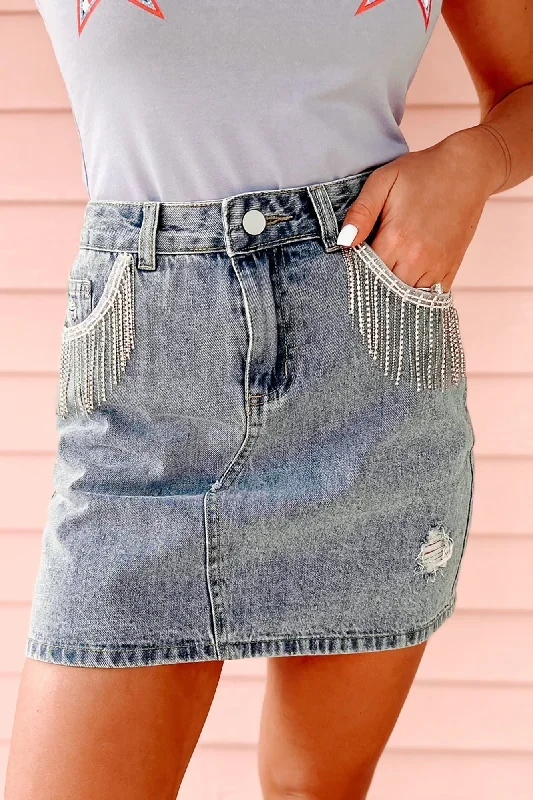 Pocket Full Of Rhinestones Rhinestone Fringe Denim Mini Skirt (Denim)