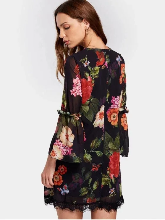 TastyHottie - Print V Neck Flare Sleeve Flower Shift Dress