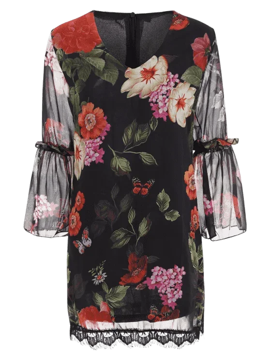 print-v-neck-flare-sleeve-flower-shift-dress