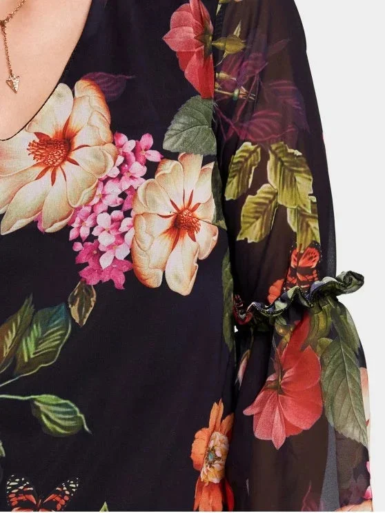 print-v-neck-flare-sleeve-flower-shift-dress