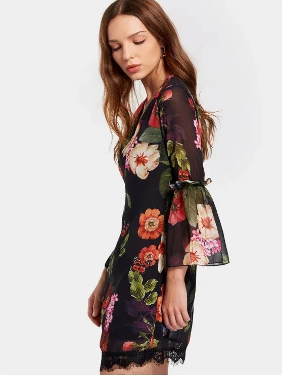 print-v-neck-flare-sleeve-flower-shift-dress