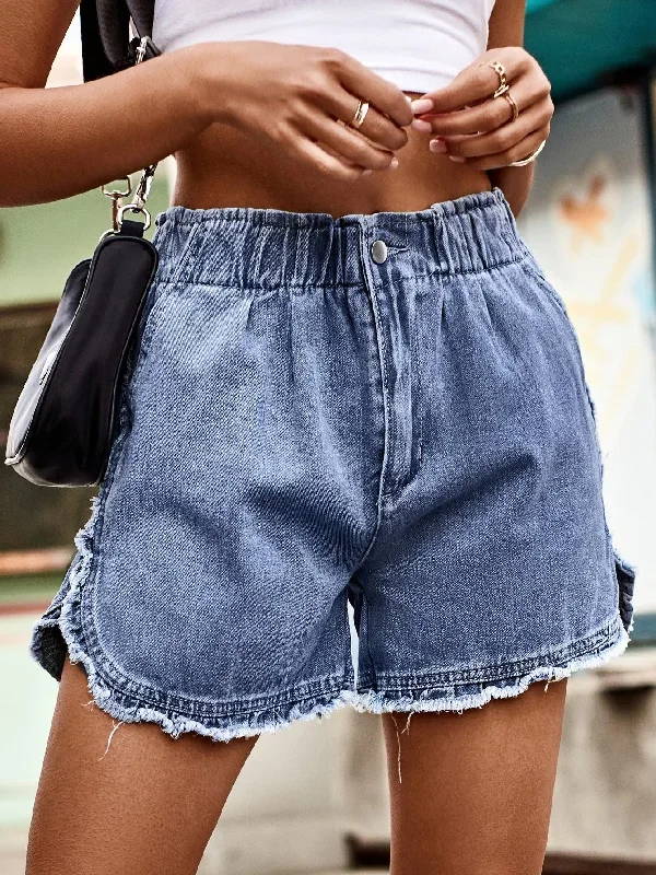 Raw-edge Bud Denim Elastic Waist Shorts