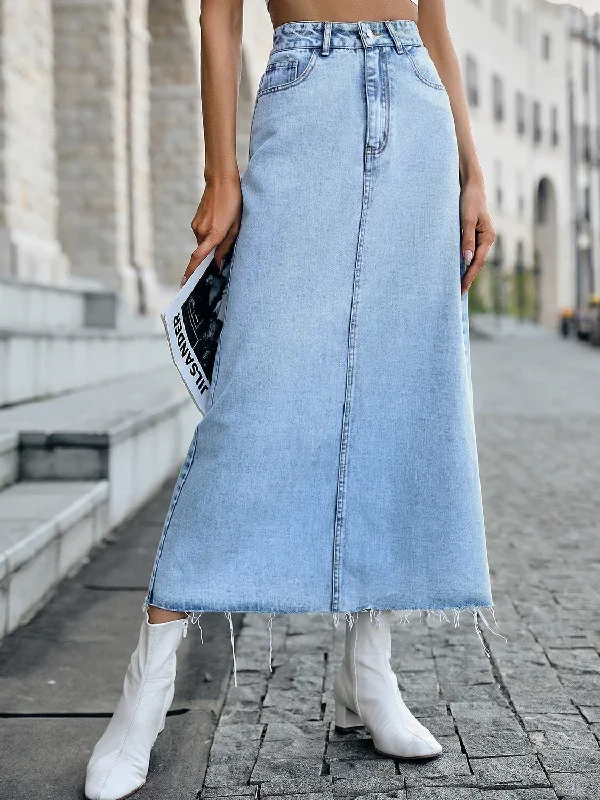 Raw Hem  Midi Denim Skirt