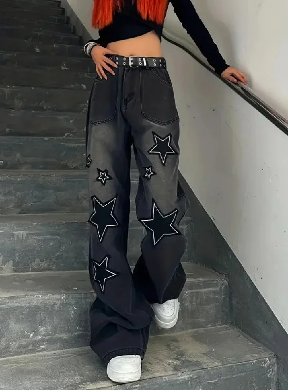 Retro Patch Loose Straight Wide-leg Pants Jeans