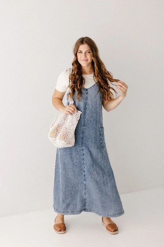 'Riviera' Lyocell Overall Maxi Dress in Denim Blue