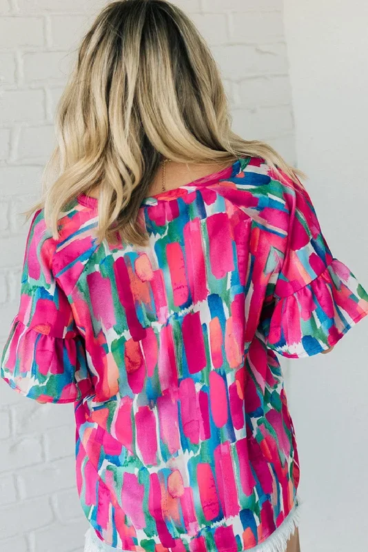 rose-plus-brushstroke-ruffle-sleeve-button-v-neck-blouse