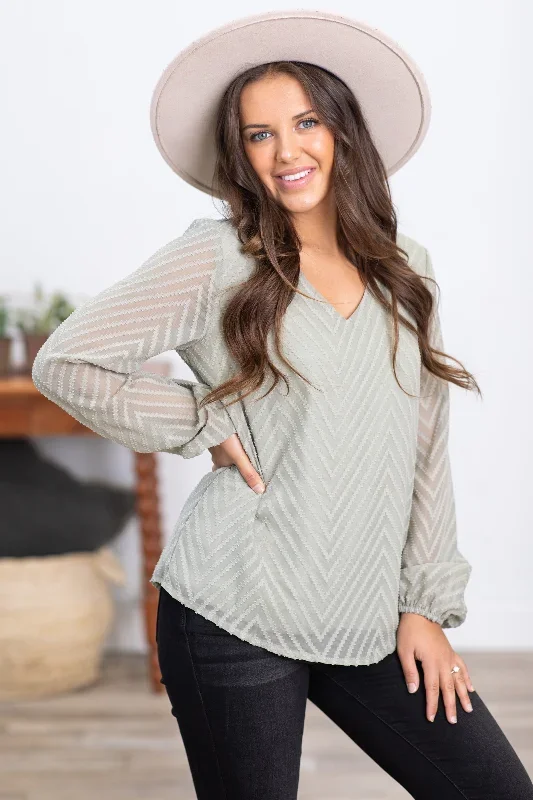 Sage Chevron Textured Long Sleeve Top