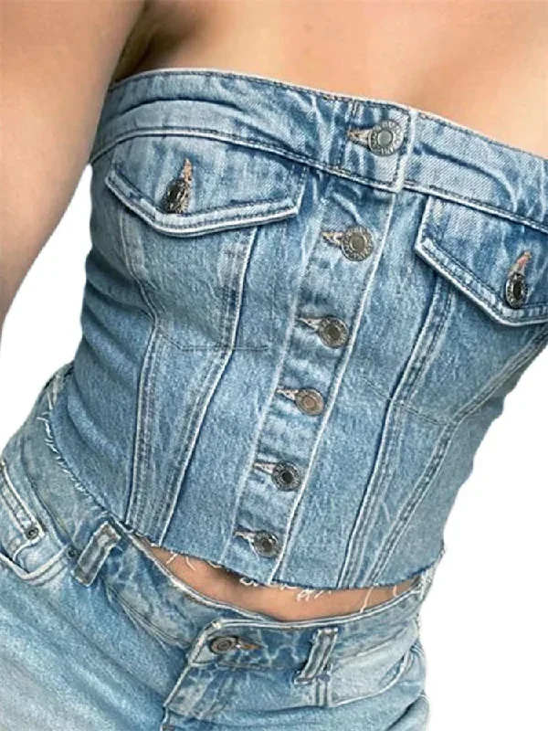 FashionSierra - 2024 Sexy Tube Sleeveless Buttons Up Bustiers Corsets Denim Off Shoulder Cropped Tank Mini Vest  Crop Tops