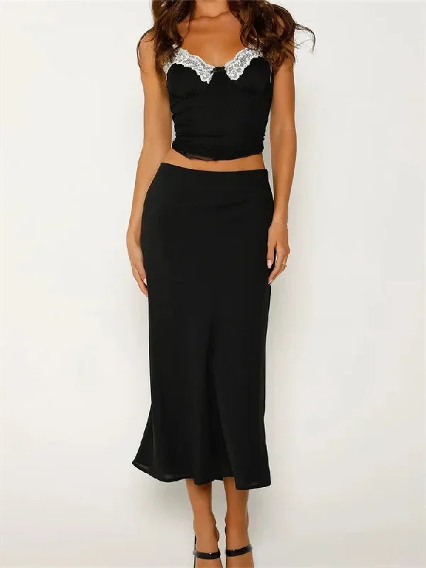 sexy-v-neck-sleeveless-lace-trim-camis-side-zip-up-midi-skirts-suits