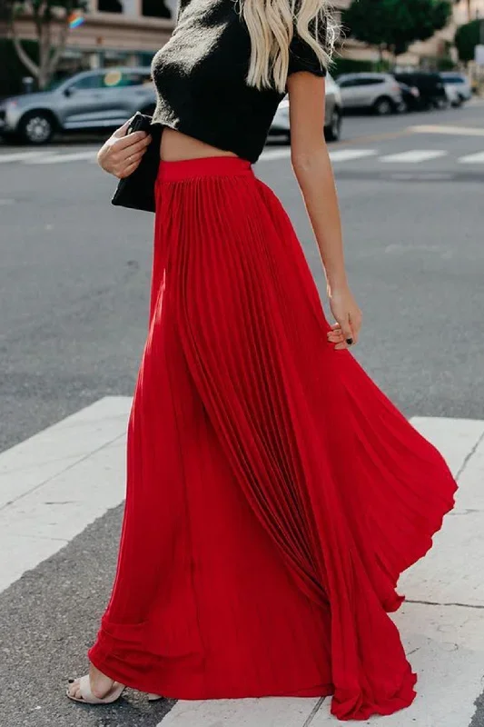 TastyHottie - Solid Color High Waist Pleated Maxi Skirt