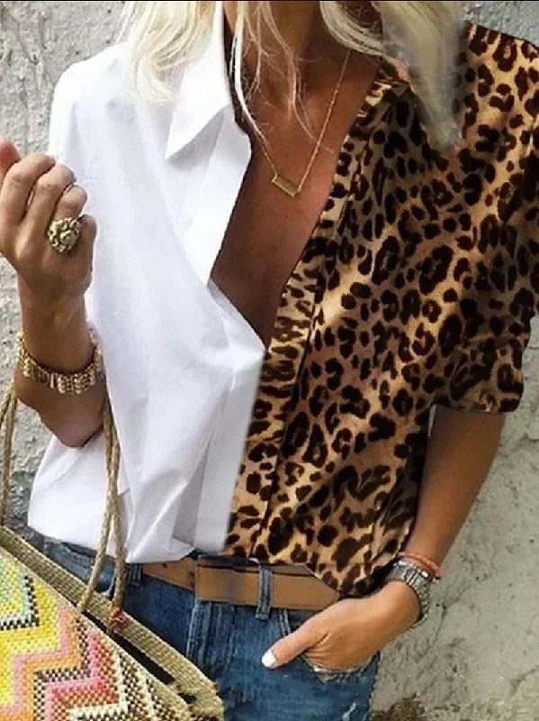 Solid Leopard Patchwork Button Blouse