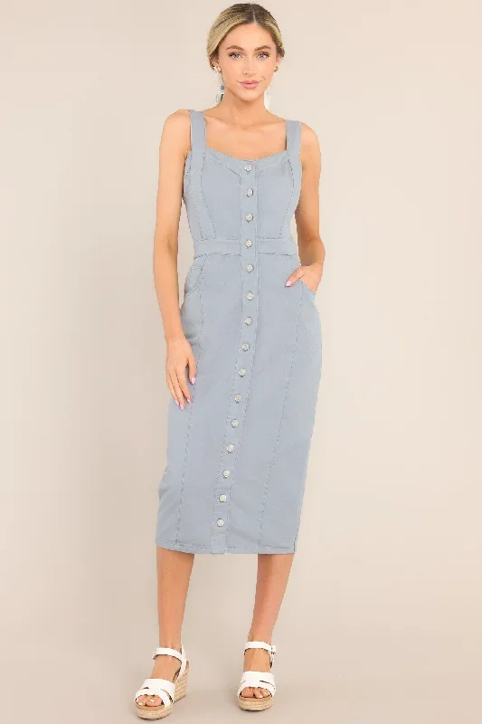 Stay Close Light Wash Denim Midi Dress