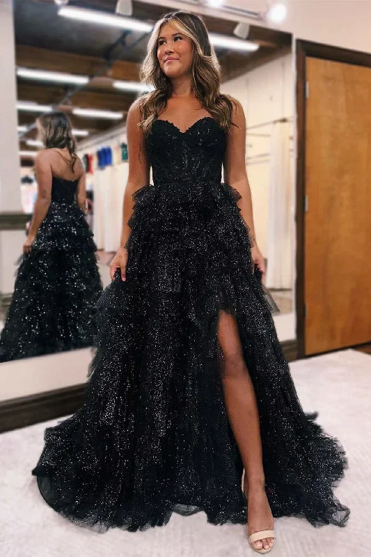 strapless-black-corset-a-line-tiered-long-formal-dress-with-slit