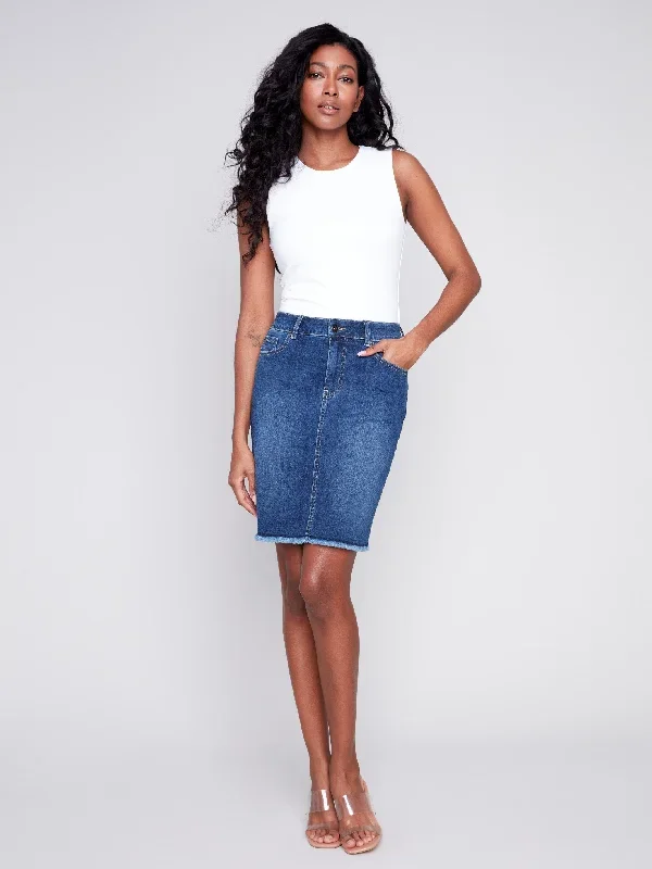 Stretch Denim Skort with Frayed Hem - Indigo