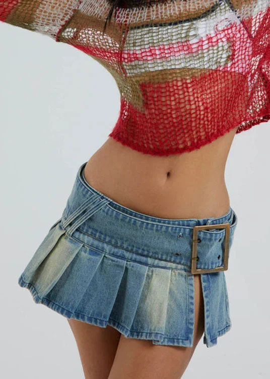 style-blue-tie-waist-open-patchwork-denim-mini-pleated-skirt-summer