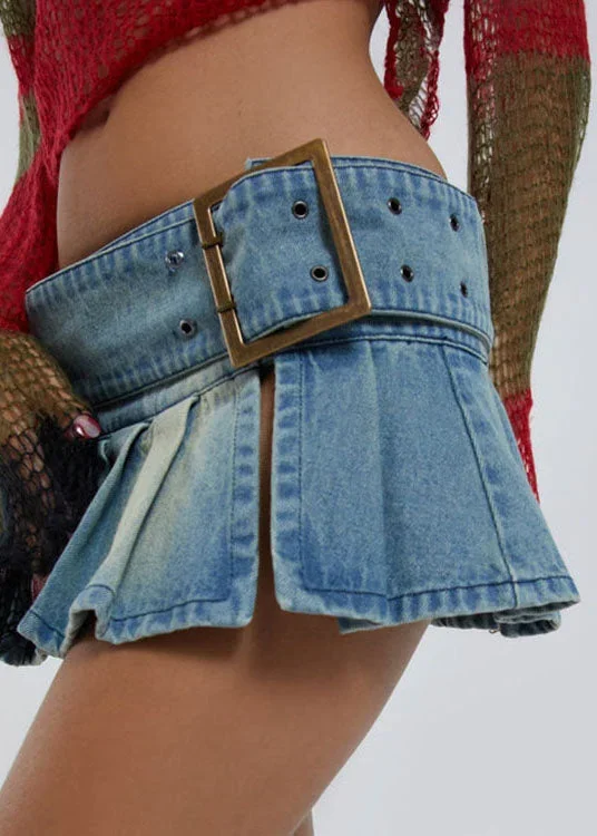 style-blue-tie-waist-open-patchwork-denim-mini-pleated-skirt-summer