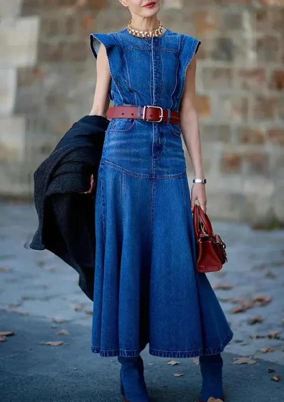 Stylish Plain Crew Neck Cap Sleeve Spliced Denim Midi Dress