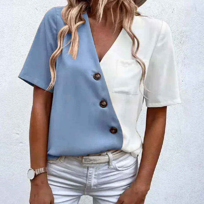 V-Neck Short Sleeve Buttons Decor Lady Shirt