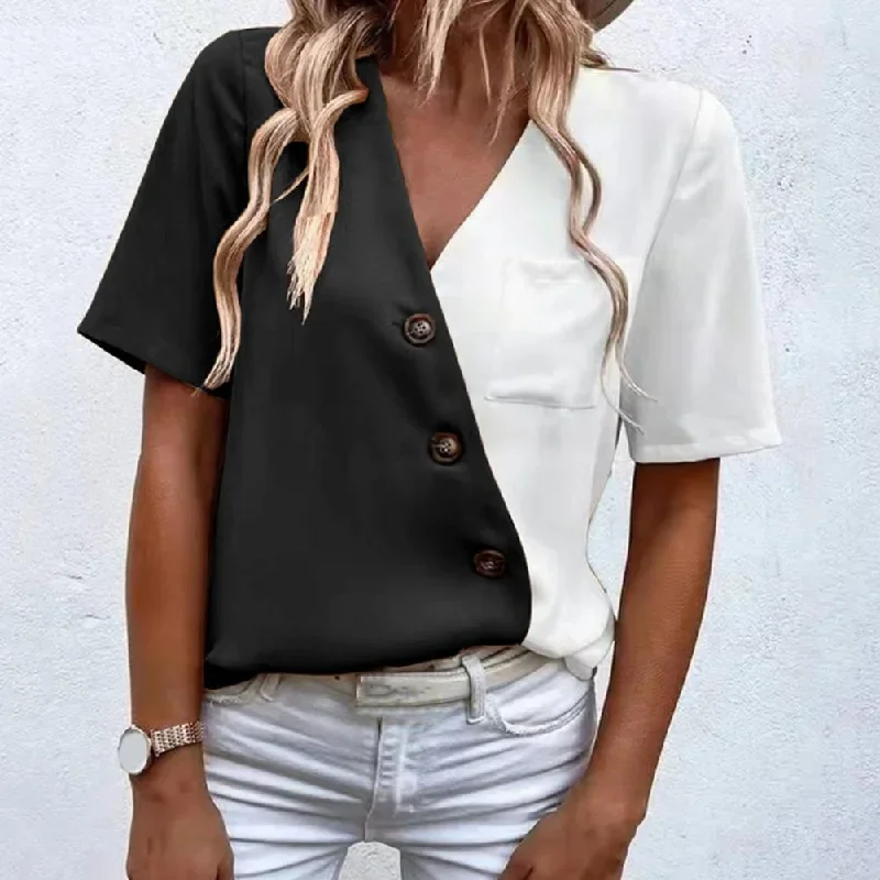 summer-women-blouse-v-neck-short-sleeve-buttons-decor-lady-shirt-color-block-patchwork-casual-loose-pullover-top-streetwear