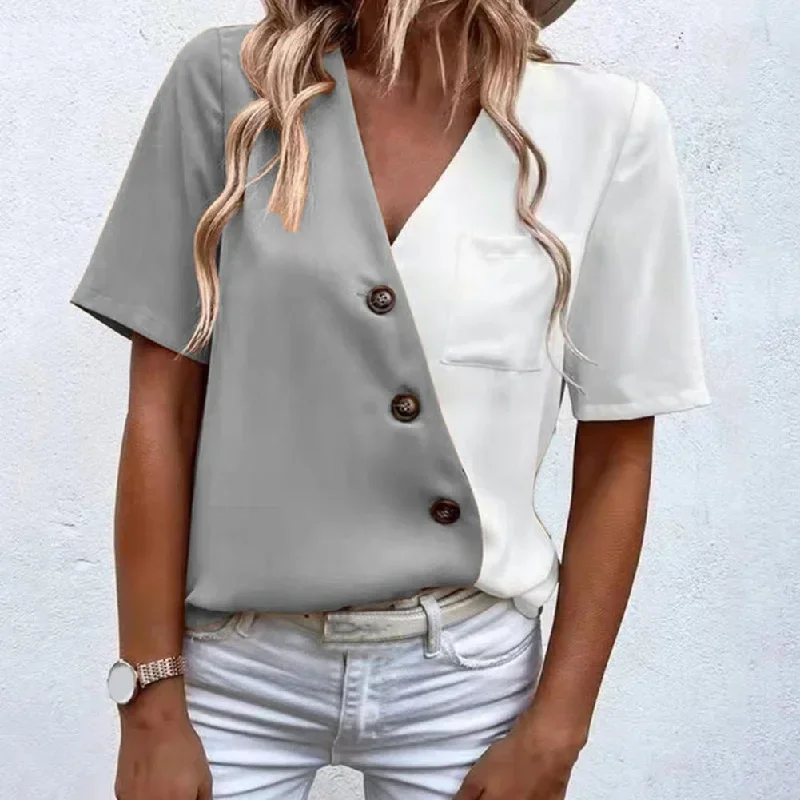 summer-women-blouse-v-neck-short-sleeve-buttons-decor-lady-shirt-color-block-patchwork-casual-loose-pullover-top-streetwear