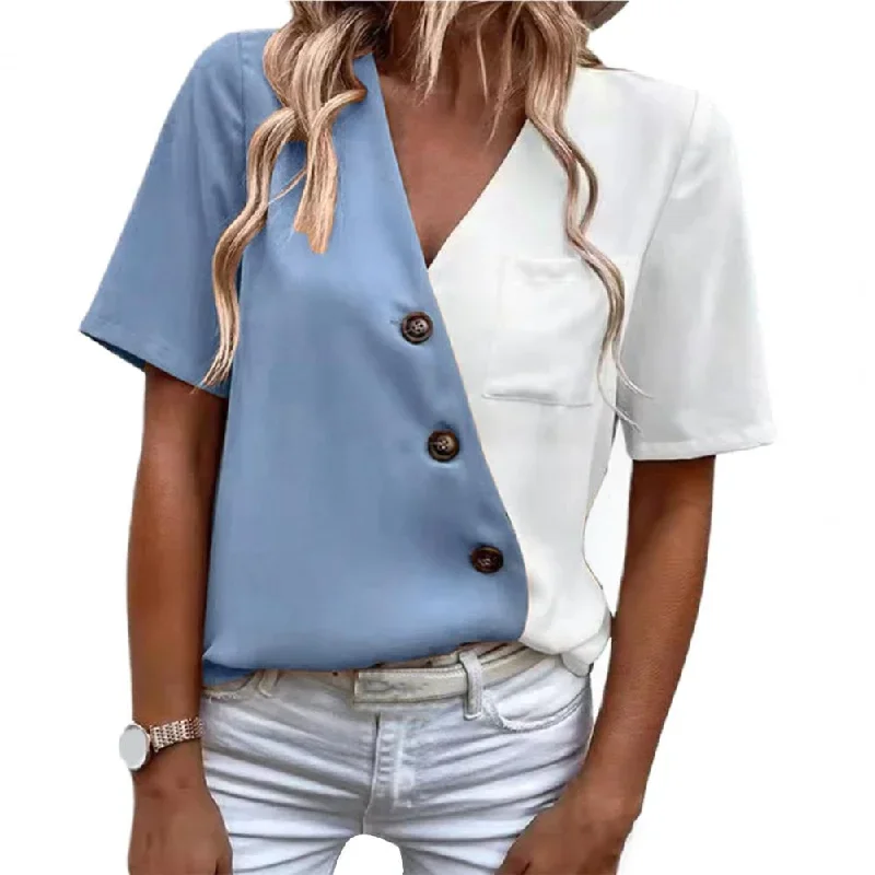 summer-women-blouse-v-neck-short-sleeve-buttons-decor-lady-shirt-color-block-patchwork-casual-loose-pullover-top-streetwear