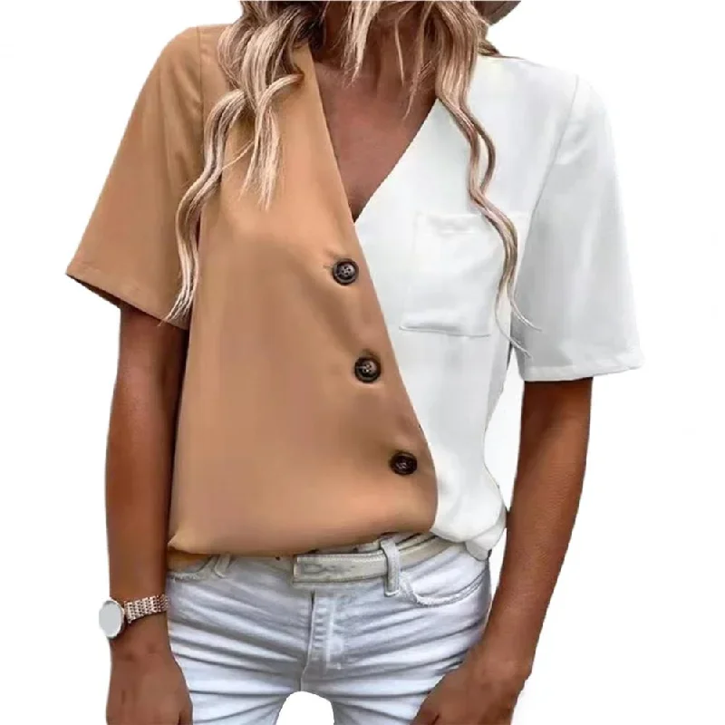 summer-women-blouse-v-neck-short-sleeve-buttons-decor-lady-shirt-color-block-patchwork-casual-loose-pullover-top-streetwear