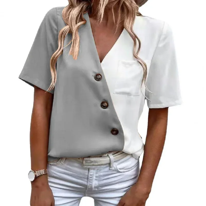 summer-women-blouse-v-neck-short-sleeve-buttons-decor-lady-shirt-color-block-patchwork-casual-loose-pullover-top-streetwear